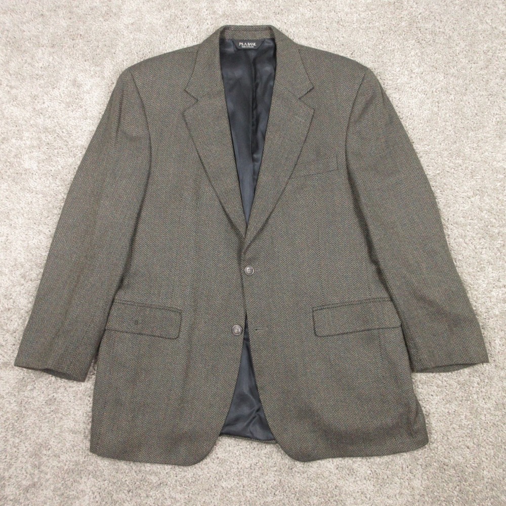 Jos A Bank Jacket Mens 42 R Green Herringbone Tweed Blazer Silk Wool Business